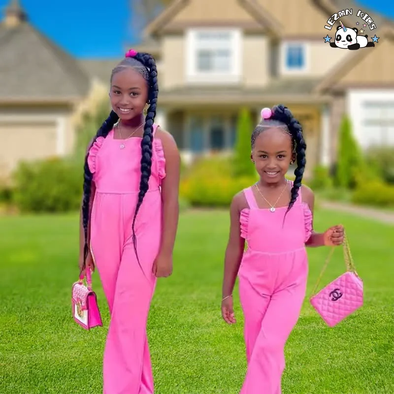 LEZONKIDS - New fashion Solid color drawstring pleated micro flare jumpsuit girls clothes set in summer